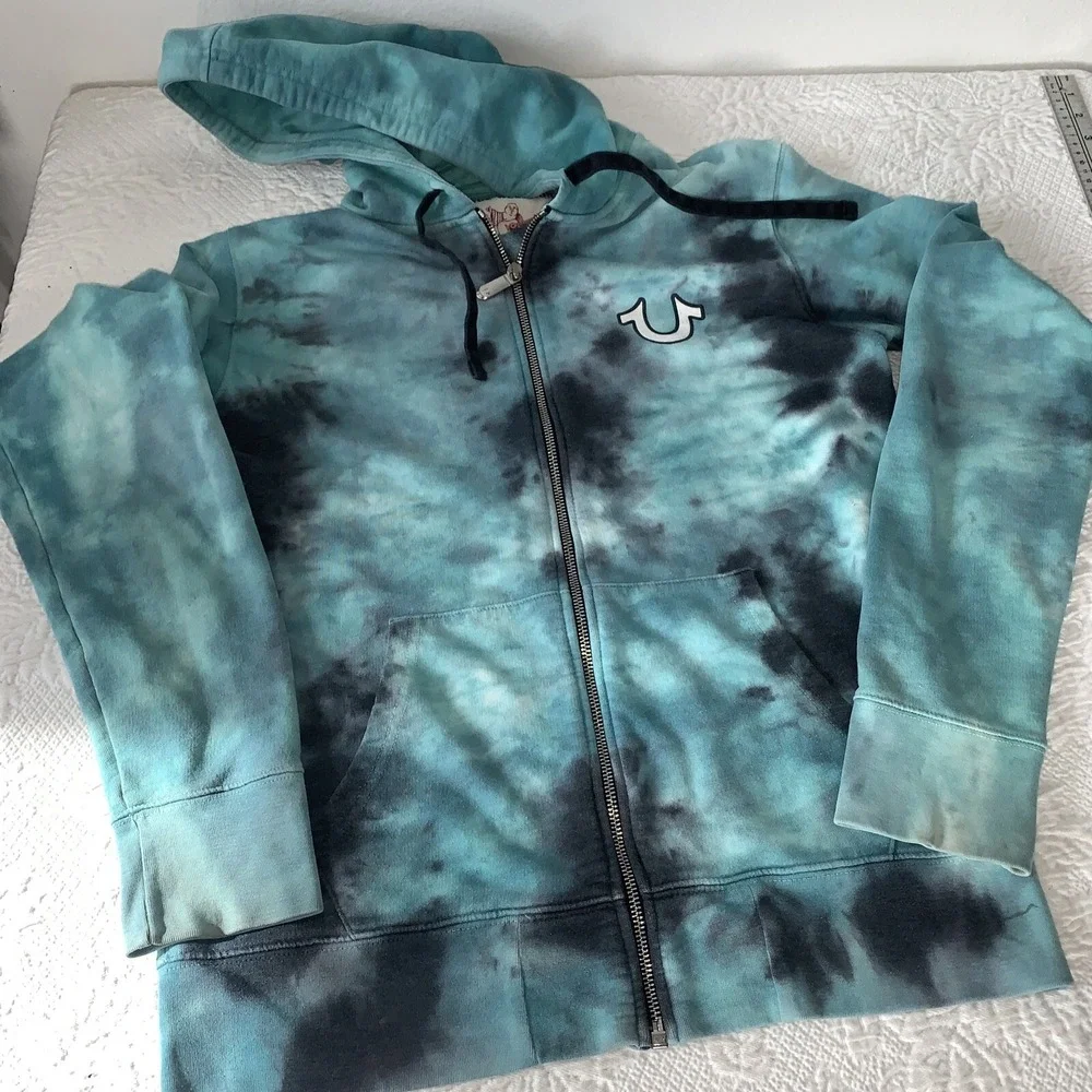 True Religion Men's Tie Dye Activewear Sweat Shorts Full Zip Hoodie Turquoise‎